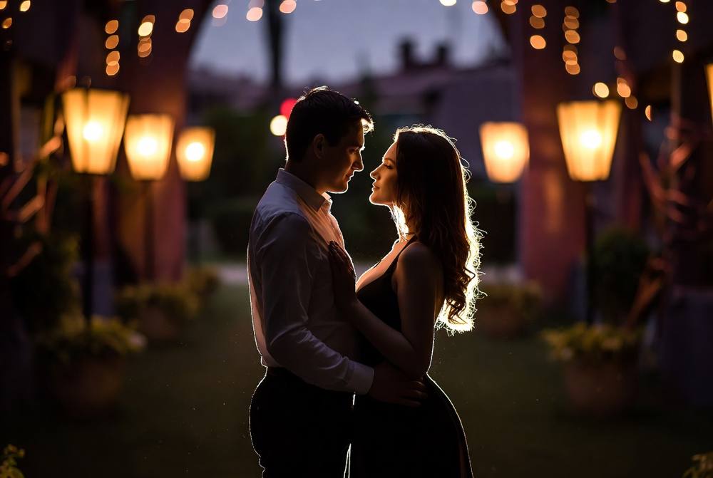 Couple under warm lanterns